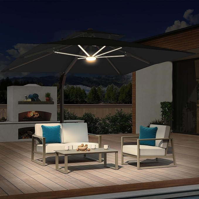 10x10 FT Cantilever Patio Umbrella with Base and Led Lights Double Top Outdoor Square Large Heavy Duty Aluminum Offset Umbrellas with 7 Level Tilt 360-degree Rotation for Pool Garden Deck, Black