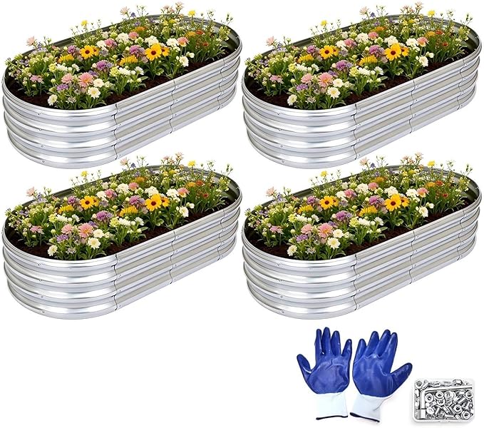 Raised Garden Bed, Outdoor Galvanized Planter Boxes, Oval Large Metal Raised Garden Beds for Vegetables 4×2×1ft,4pack