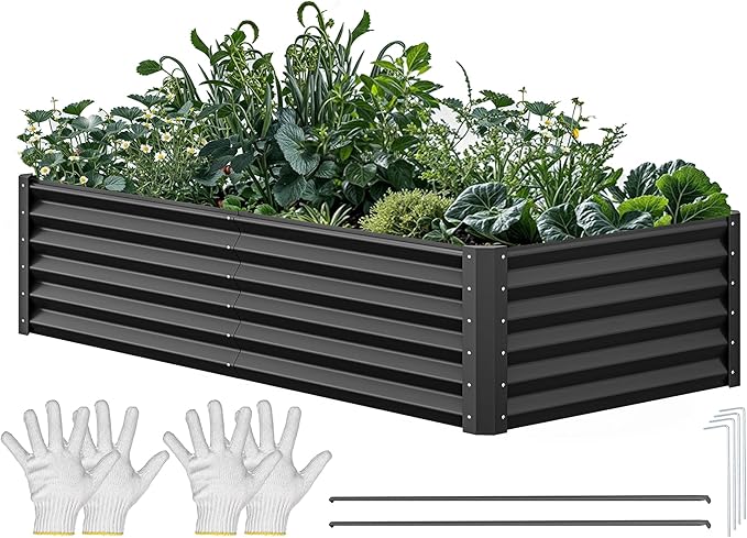 YITAHOME 6x3x1.5ft Large Raised Garden Bed Kit, Galvanized Metal Planter Box with Gloves, Support Rod, Outdoor Above Ground Planters for Plants, Vegetables, Flowers, Black