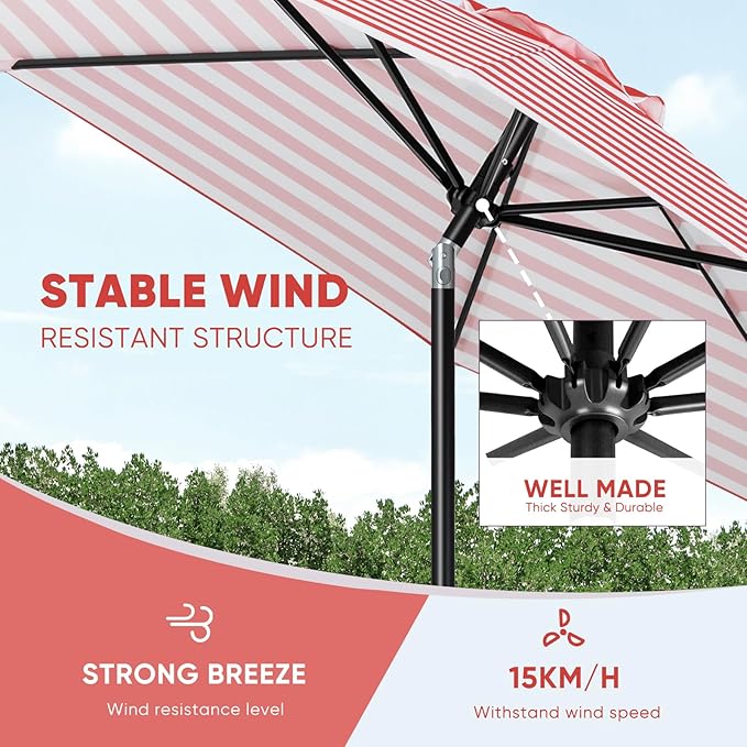 Tempera Patio Market Outdoor Table Umbrella with Push Button Tilt and Crank, Large Sun Umbrella with Sturdy Pole & Fade Resistant Canopy, Easy to Set