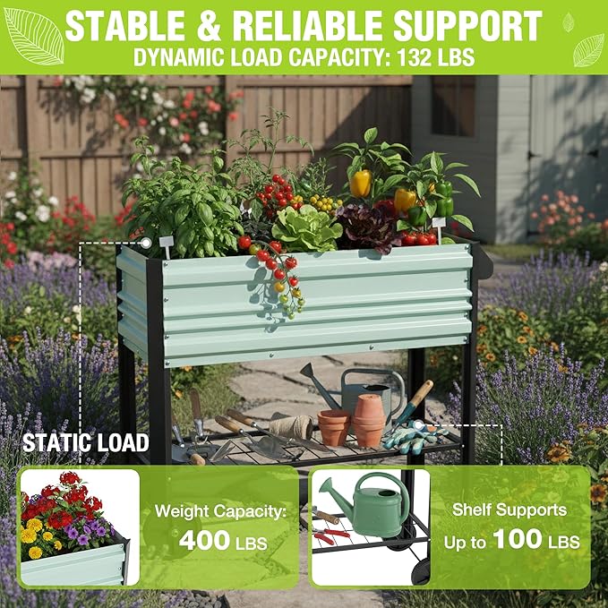 WORKPRO Galvanized Raised Garden Bed with Legs & Wheels, 37x14.6x31.6in, 400LB Capacity Elevated Planter Box for Garden, Backyard, Patio & Deck, Light Green