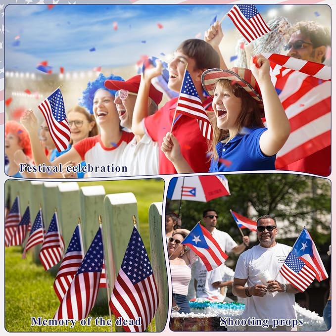 Shimeyao 200 Pcs American Flag Bulk - 8" x 12" Handheld USA Flags on Wooden Stick Set for 4th of July, 250th Anniversary, Patriotic Party, Memorial Day Decoration
