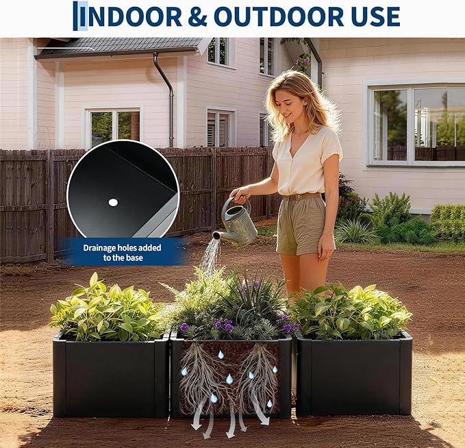 Garvee 20" Square Metal Planter Box with Drainage Holes & Rounded Corners, Modern Heavy Duty Steel Raised Garden Bed, Complete Snap-On Kit for Patio, Balcony, Garden Decor