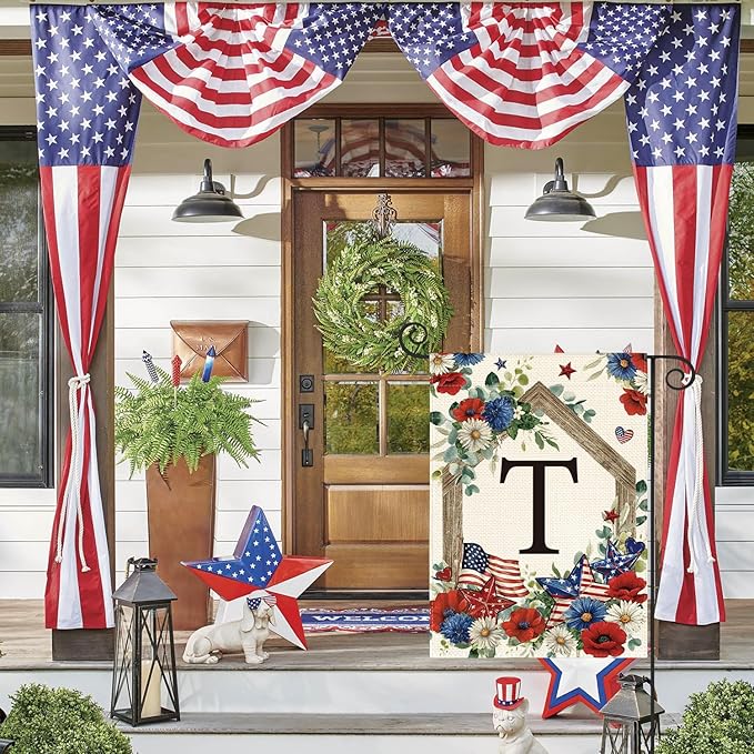 AVOIN colorlife Initial Letter T Monogram Patriotic Garden Flag 12x18 Inch Double Sided Outside, 4th of July Memorial Day Floral Family Last Name Yard Outdoor Decoration