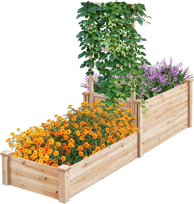 S AFSTAR Raised Garden Bed with Trellis & 2 Planter Boxes, 88" x 25" x 53" Outdoor Wooden Planter Box Kit for Flower Herb Veggies Fruit Climbing Vines, Elevated Gardening Planter for Garden Patio