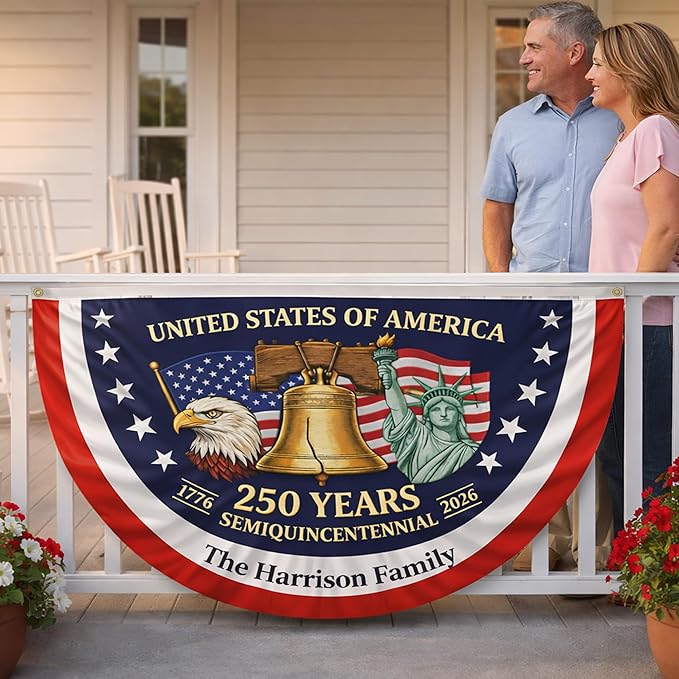 Personalized Family Name Patriotic Bunting Flag 250 Years USA Semiquincentennial 1776–2026 American Flag Bunting Banner Outdoor 4th of July Porch Decor Americana Bunting