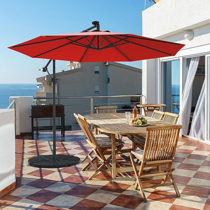 Tangkula 10 FT Solar Patio Umbrella, Offset Cantilever Outdoor Umbrella with 360 Degree Rotation, Aluminum Pole, Easy Tilt Adjustment, Crank Handle & Cross Base for Pool Deck Garden Backyard