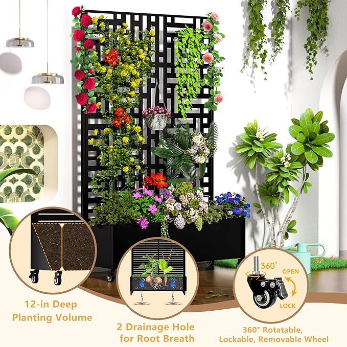 Metal Planter Box with Trellis, 72.1"x47.2"x16" Outdoor Galvanized Raised Garden Bed with Privacy Screen & Drainage Holes & Lockable Casters for Climbing Plants, Vegetable (Street-Black1)