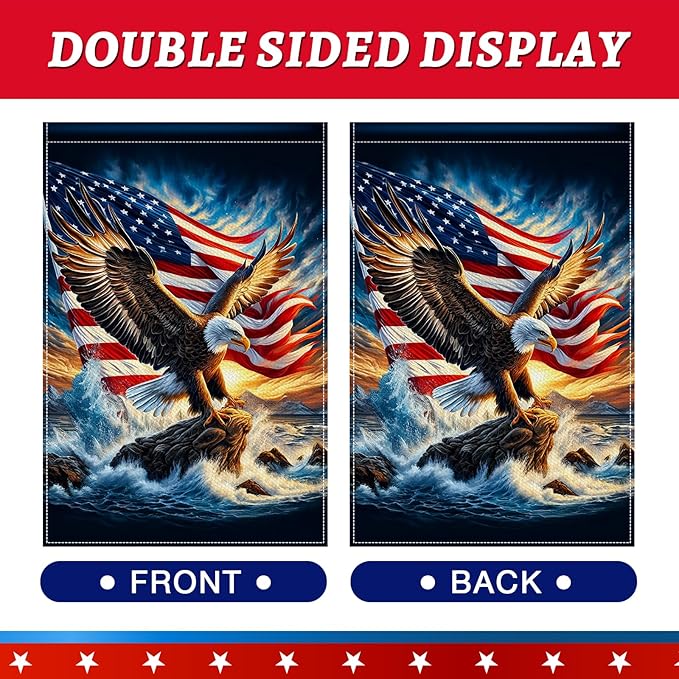 BlissYard Eagle Garden Flag 12x18 Inch Double Sided American Flag Bald Eagle Ocean Wave Burlap Garden Flag Farmhouse Yard Outdoor Banner for Porch Patio Lawn Independence Day Decoration