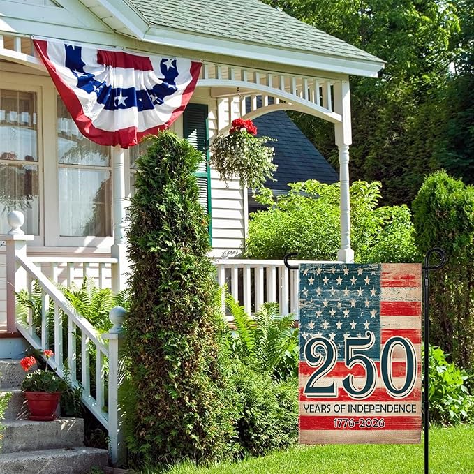 Vintage American Flag 250 Years Garden Flag 12.5x18 Inch, Double-Sided Patriotic Independence Banner 1776-2026, Burlap Outdoor Flag for Porch Yard Garden USA Decor