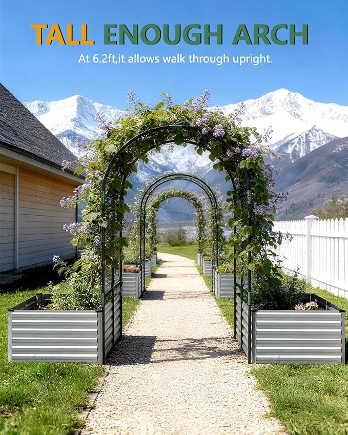 Raised Garden Bed with Arch Trellis for Climbing Plants,Galvanized Raised Garden Bed, Planter Boxes Outdoor for Vegetables Flowers Herb,269 Gallon Capacity Silver