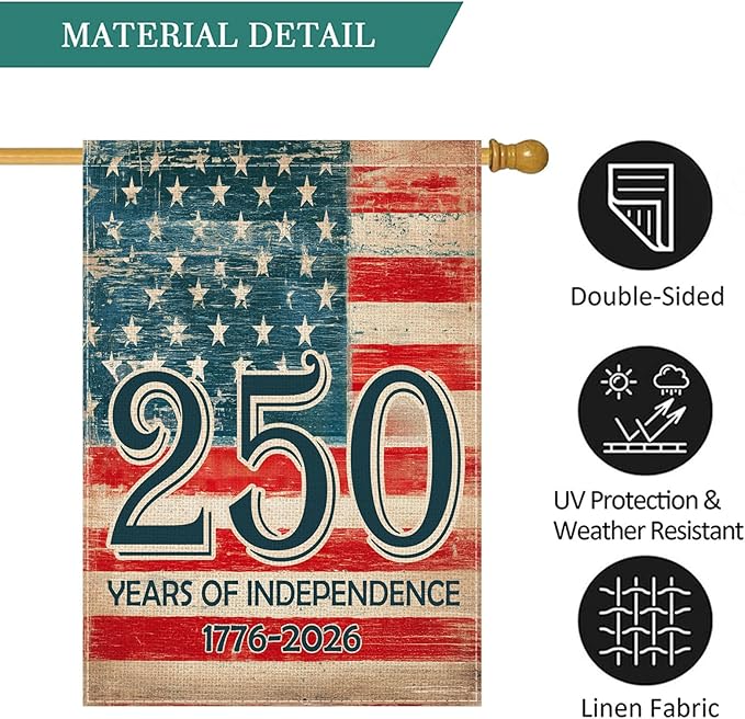 Vintage American Flag 250 Years House Flag 28x40 Inch, Double-Sided Patriotic Independence Banner 1776-2026, Burlap Outdoor Flag for Porch Yard Garden USA Decor