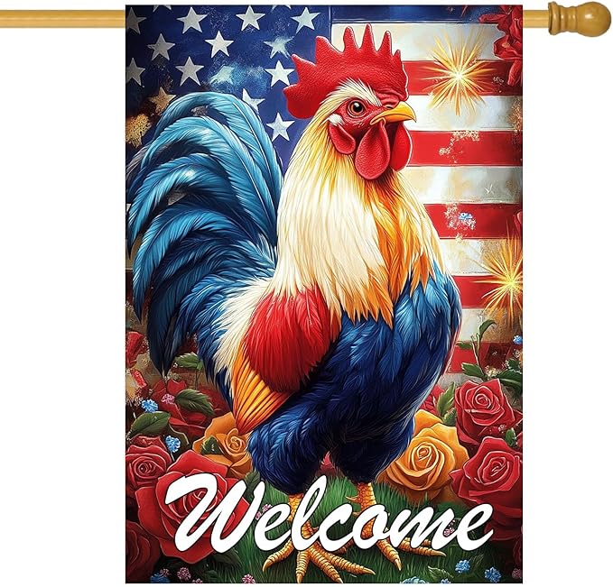 Large 4th of July Garden Flags 28 x 40 Double Sided, Burlap Holiday Rooster Welcome Independence Day Patriotic House Flags for Outside, Seasonal Fourth of July Outdoor Yard Decorations