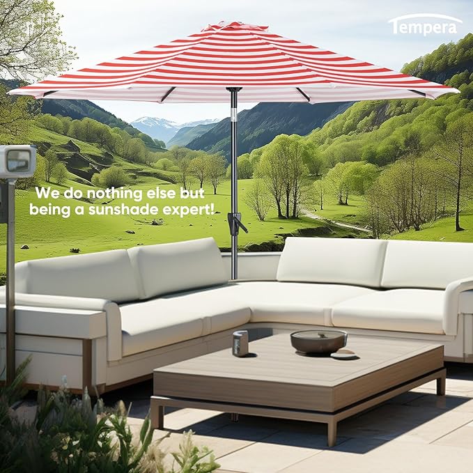 Tempera Patio Market Outdoor Table Umbrella with Push Button Tilt and Crank, Large Sun Umbrella with Sturdy Pole & Fade Resistant Canopy, Easy to Set