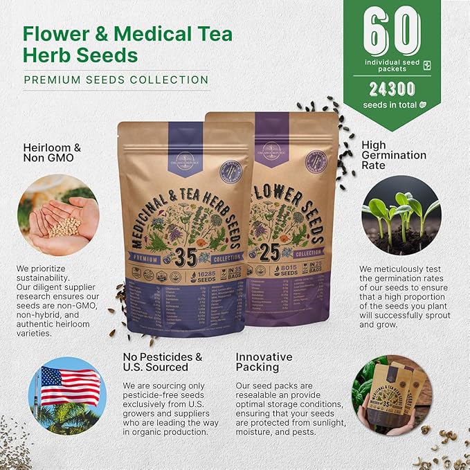 35 Medicinal & Tea Herb Seeds and 25 Edible Flower Seeds Variety Pack Bundle, 24,300+ Non-GMO Heirloom Garden Seeds for Planting Flowers and Herbs for Indoor & Outdoor Gardening