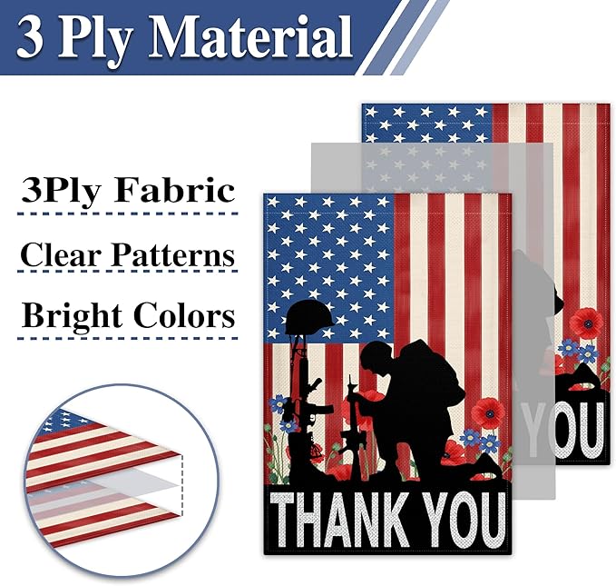 Memorial Day Garden Flags for Outside 12x18 Thank You Heroes Yard Flag Patriotic Remembrance Sympathy Decor for Outdoor Porch Indoor House Cemetery Sign