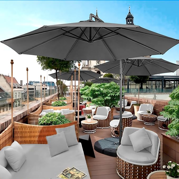 Yaheetech 10FT Patio Offset Umbrella - Cantilever Hanging Outdoor Umbrellas w/UV Protection & 8 Ribs & Handy Crank & Cross Base for Market/Garden/Lawn/Deck/Backyard/Pool - Gray