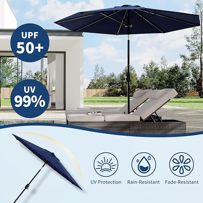 9 ft Patio Umbrella - 8 Sturdy Ribs Outdoor Table Umbrella with Crank Lift & Push Button Tilt - Market Umbrella for Pool, Deck, Yard, Garden - Navy Blue