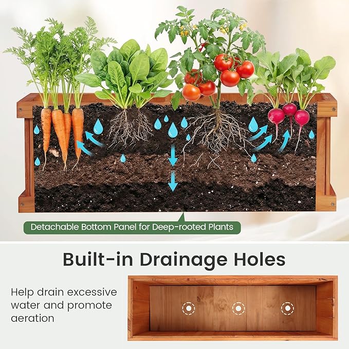 S AFSTAR Wooden Raised Garden Bed with Drainage Holes & Liner, Solid Fir Wood Planter Box for Flower Vegetable Herb, Outdoor Indoor Gardening Kit for Balcony Patio Backyard (40" x 13" x 12")
