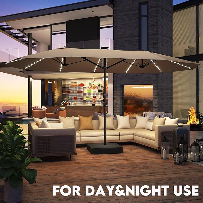 15ft Large Patio Umbrella with Solar Lights, Outdoor Double-Side Rectangular Umbrella with Base Included, Backyard Pool Umbrella with LED Light for Deck, Outside, Market, Beige