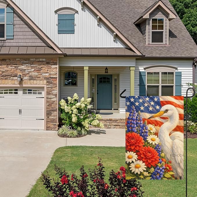Patriotic Egret Garden Flag 28x40 Inch,USA Flag Floral Animal Outdoor Yard Red White Blue Decor,Double Sided Seasonal Lawn Porch Farm Independence Day Holiday Gift