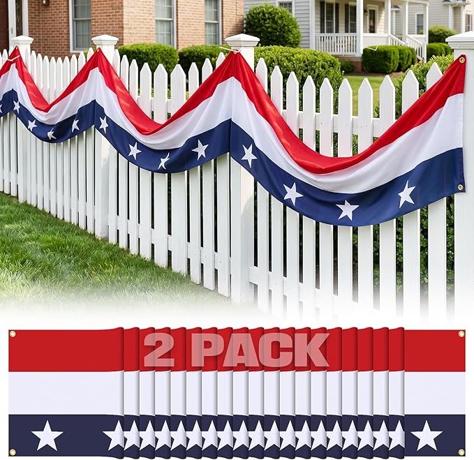 4th of July Decorations Outdoor Patriotic Bunting with Grommets - Star Patriotic Banner Flag for 250th Anniversary Outside Porch Fence, Red White and Blue Decorations, 2 Packs, 1.6ft x 19.7ft