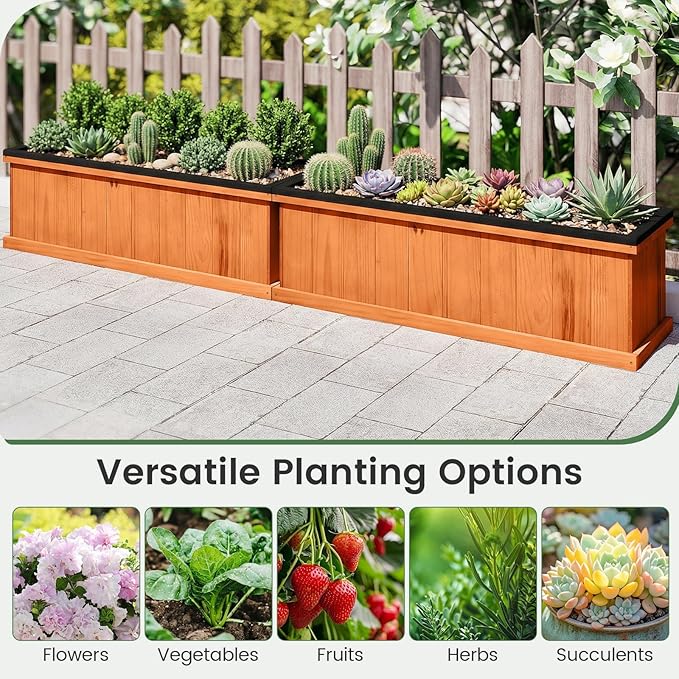 S AFSTAR Wooden Raised Garden Bed with Drainage Holes & Liner, Solid Fir Wood Planter Box for Flower Vegetable Herb, Outdoor Indoor Gardening Kit for Balcony Patio Backyard (40" x 13" x 12")