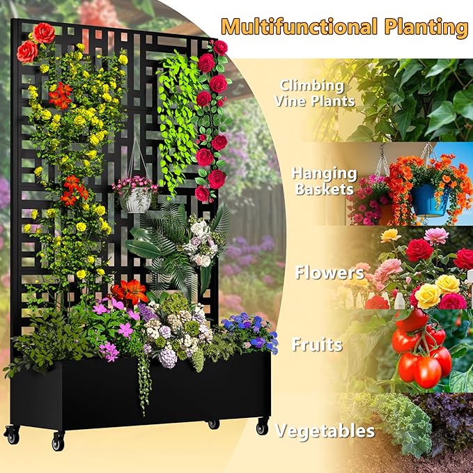 Metal Planter Box with Trellis, 72.1"x47.2"x16" Outdoor Galvanized Raised Garden Bed with Privacy Screen & Drainage Holes & Lockable Casters for Climbing Plants, Vegetable (Street-Black1)