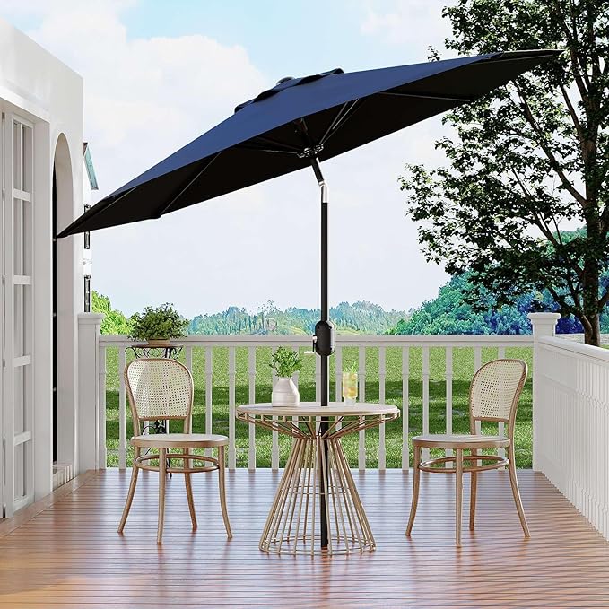 9 ft Patio Umbrella - 8 Sturdy Ribs Outdoor Table Umbrella with Crank Lift & Push Button Tilt - Market Umbrella for Pool, Deck, Yard, Garden - Navy Blue
