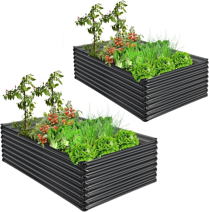 HAPPYGRILL 2PCS Raised Garden Bed Galvanized Metal Firewood Rack, 71" x 20.5" x 43.5" Large Outdoor Raised Planter Box for Vegetable Flower Fruit Herb