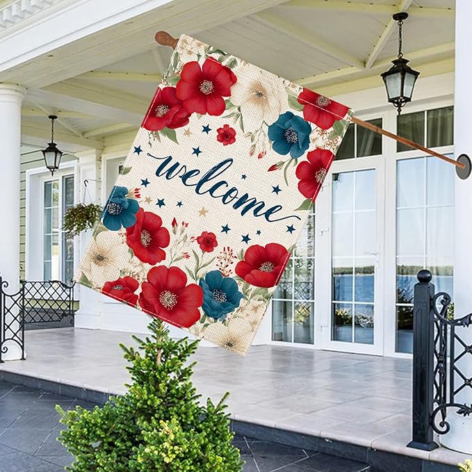 Patriotic Floral Welcome House Flag 28x40 Inch, Double Sided Burlap Red White Blue Flower Outdoor Yard Flag for Front Porch 4th of July Memorial Day Farmhouse Decor