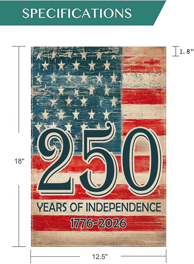 Vintage American Flag 250 Years Garden Flag 12.5x18 Inch, Double-Sided Patriotic Independence Banner 1776-2026, Burlap Outdoor Flag for Porch Yard Garden USA Decor