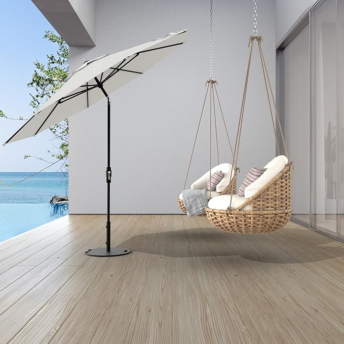 The Swilt 9 Feet Outdoor Umbrella With Terylast Off Cream (Off White) Polyester Fabric - Fiberglass Ribs, Auto-Tilt And Swivel Aluminum Frame Patio Umbrella For Deck, Garden, Pool - Black Pole