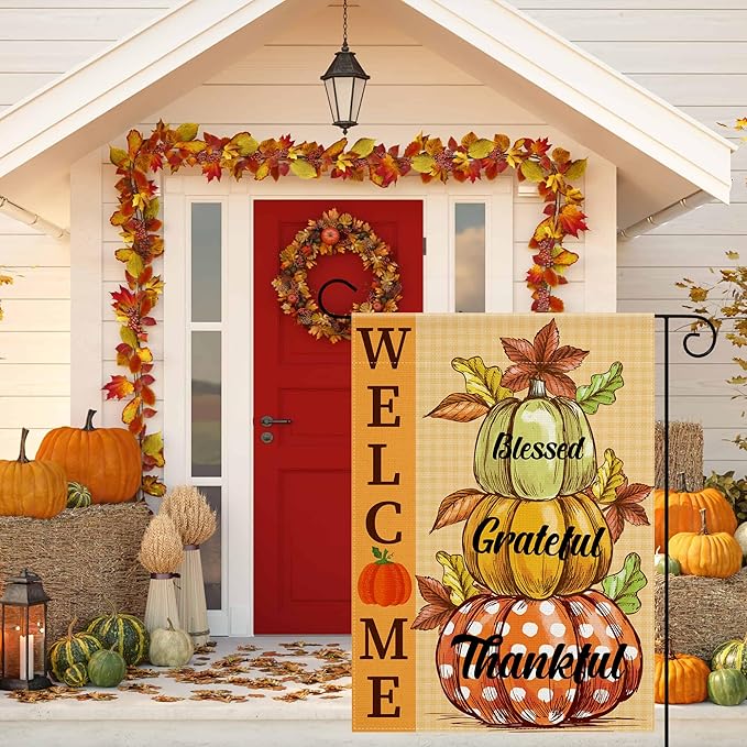 OHOME Thanksgiving Decorations - Fall Garden Flag | Double-Side Autumn Decor for Outdoor Indoor Outside - Friendsgiving Welcome Backdrop Banner for Garden Porch Patio Lawn Yard,12x18 Inch