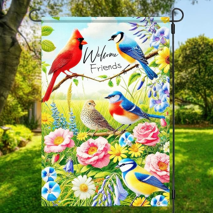 BlissYard Welcome Friends Summer Spring Garden Flag Spring Cardinal Birds Flowers Butterfly Yard Flag Flowers Daisy Hummingbirds Decorative Garden Flag Banner for Outdoor Home Decor Party