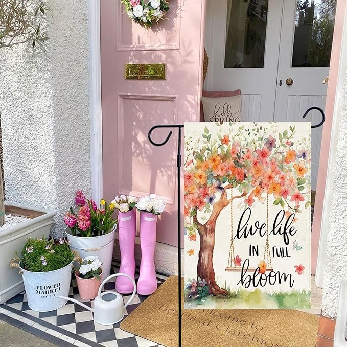 Baccessor Spring Summer Garden Flag, Flower Tree Swing Butterflies Floral Small Yard Flag Double Sided Burlap Welcome Flag for Outside Outdoor Decor 12.5 x 18 Inch