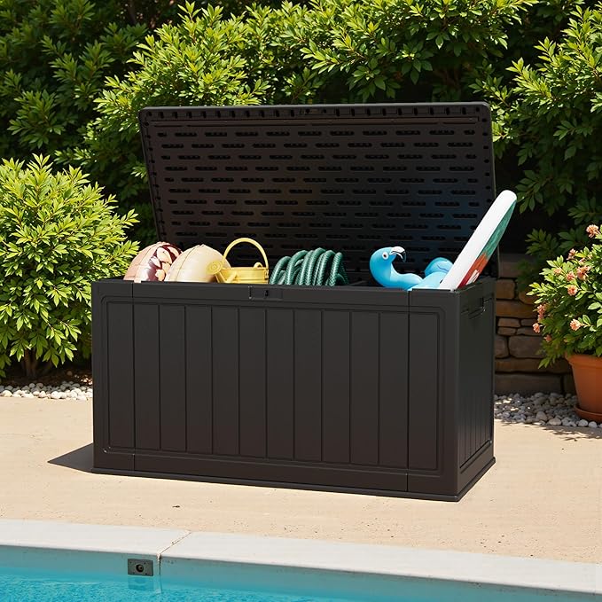 Greesum 150 Gallon HDPE Outdoor Storage Box - Waterproof, Large Capacity Deck Box with Removable Dividers for Patio, Yard, Garden Tools, Black