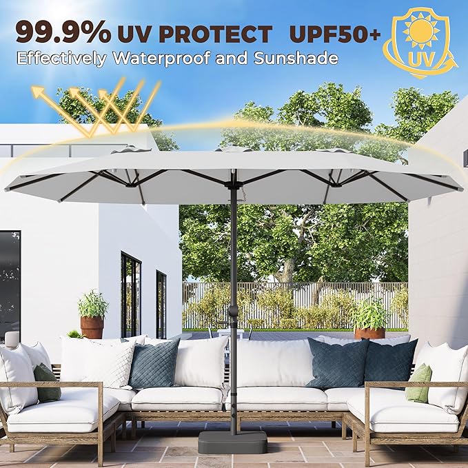 15FT Large Patio Umbrella with Base Included, Outdoor Deck Standing Umbrella with Crank Handle, Double-Side Rectangular Pool Umbrella for Outside, Market, Patio, Light Gray