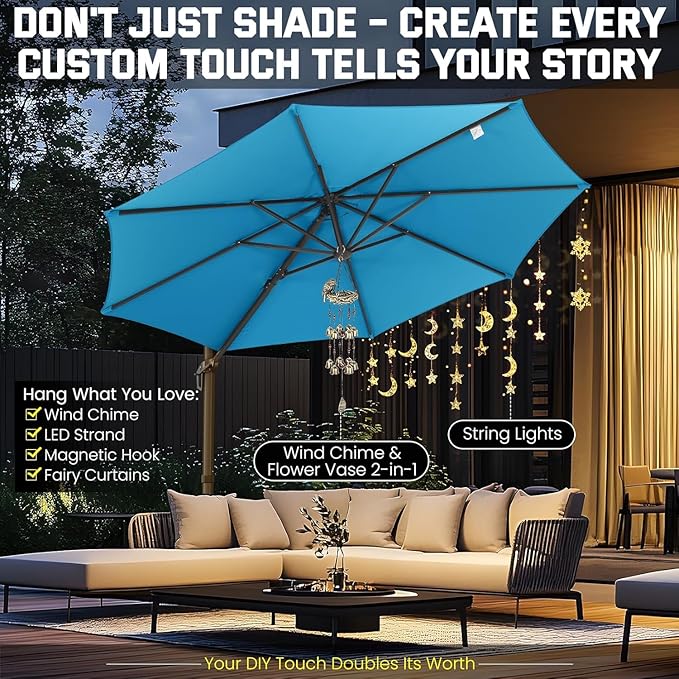 Hoteel 10ft Patio Umbrella Heavy Duty Aluminum Windproof & Shade Provision Outdoor Cantilever Round Offset Large Umbrella Height Adjustable with 360°Rotation for Patio Pool Deck Gazebo, Light Blue