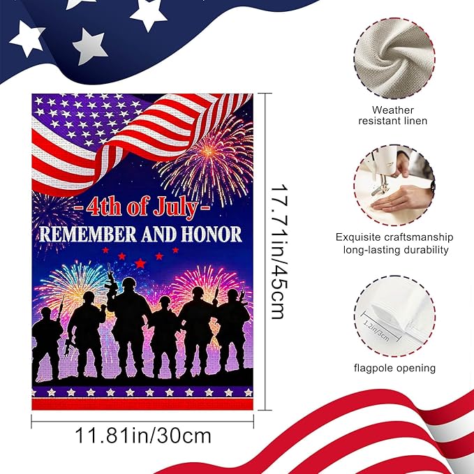 IVN Remember And Honor 4th Of July Military Garden Flag 12x18 Burlap Remember And Honor Soldier Silhouettes Fireworks Night Sky Stars Stripes Banner Double Sided Patriotic Outdoor Yard House Flag for Outside Home Front Door Lawn Porch Patio Independenc...