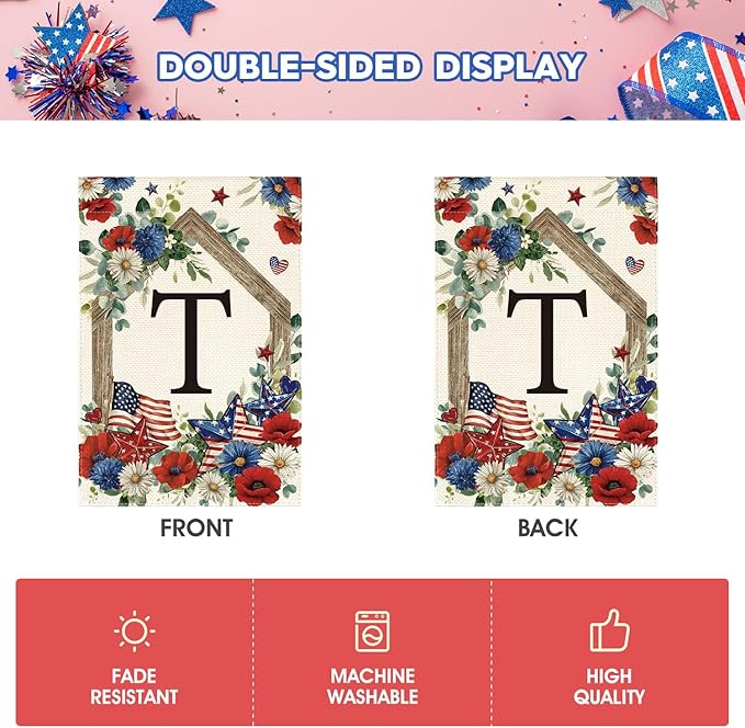 AVOIN colorlife Initial Letter T Monogram Patriotic Garden Flag 12x18 Inch Double Sided Outside, 4th of July Memorial Day Floral Family Last Name Yard Outdoor Decoration