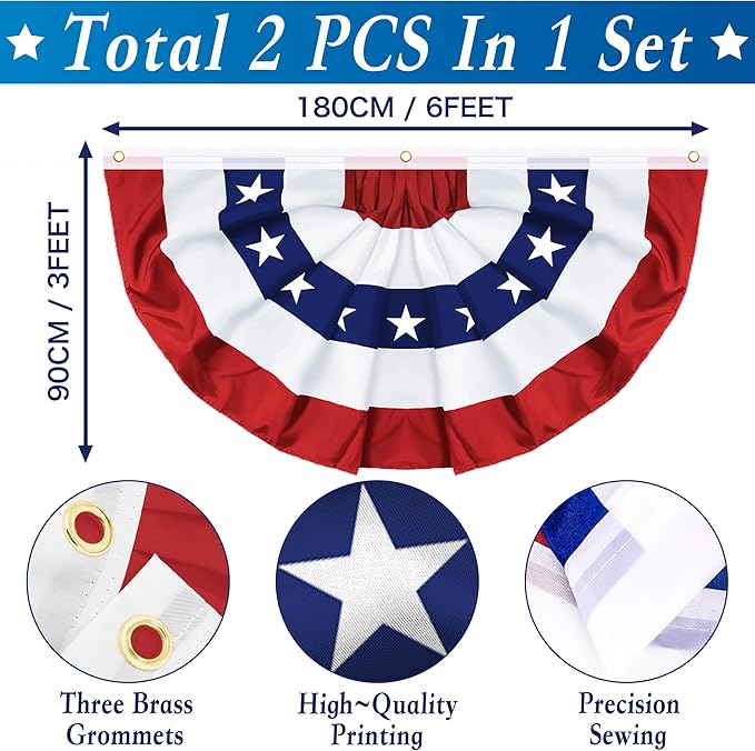 2 Pack 250th Anniversary 3 X 6 FT American Bunting Flag, 4th of July Decorations USA Pleated Fan Flag Memorial Day Outdoor Patriotic Half Fan Flags Banner Fourth of July Independence Day Outside Decor