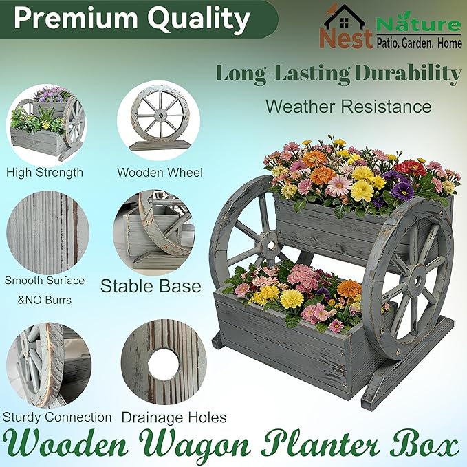 NestNature Wooden Wagon Planter Box,Raised Garden Bed,Decorative Garden Planters with Wheels-Outside Flower Pots for Indoor/Outdoor Décor Plants (Antique Gray)