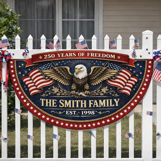 Personalized Patriotic Bunting Flag with Custom Family Name and Year – 250 Years of Freedom USA Patriotic Bunting Banner – 4th of July Americana Porch Decor, Outdoor American Flag Bunting