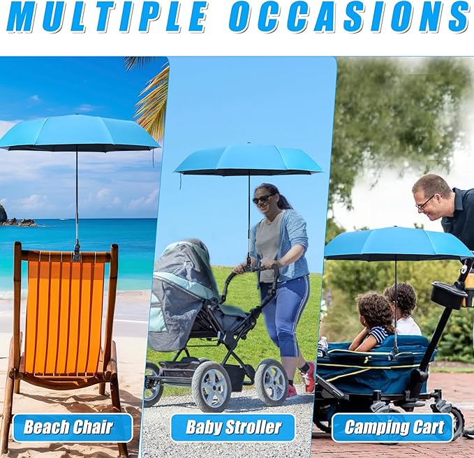 Beach Chair Umbrella with Clamp, Portable Clip on Umbrella for Outdoor Chairs, Adjustable UPF50+ Sun Shade Umbrellas for Beach Patio Travel Camping Wheelchair Golf Cart, Small 40inch with Storage Bag