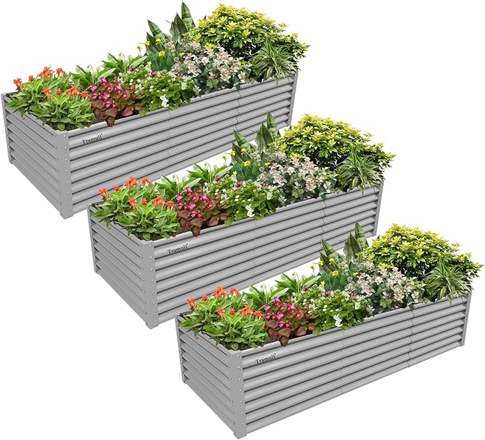 3 Pack 8x3x2FT Galvanized Raised Garden Bed Kit Rectangular Metal Ground Planter Box Outdoor Bottomless Planter Raised Beds for Vegetables Flowers Herbs Fruits, Gray