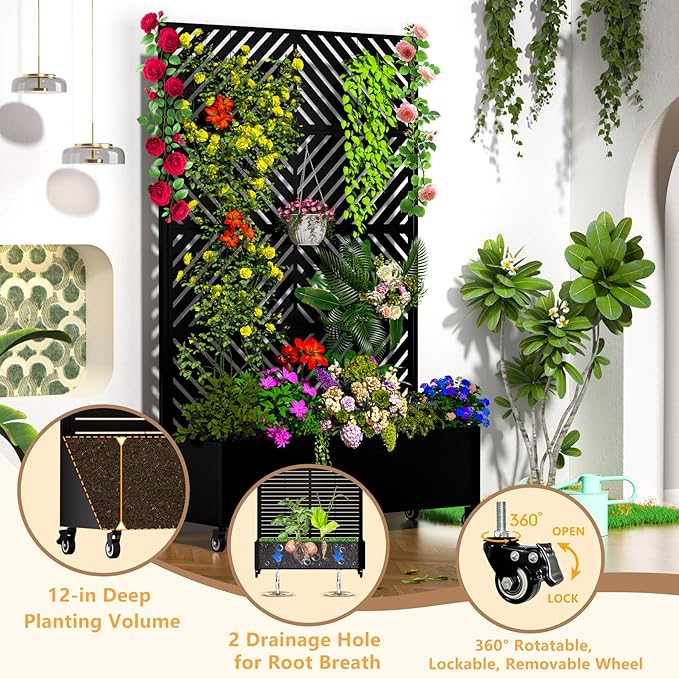 Metal Planter Box with Trellis, 72.1"x47.2"x16" Outdoor Galvanized Raised Garden Bed with Privacy Screen & Drainage Holes & Lockable Casters for Climbing Plants, Vegetable (Arrow-Black1)