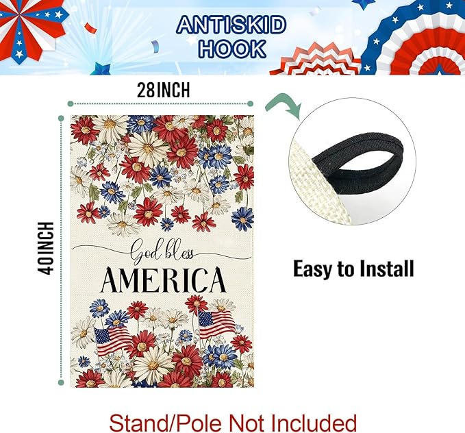Baccessor Patriotic House Flag 28 X 40 Inch, Double Sided Burlap 4th of July Memorial Day Flowers Welcome Large Yard Flag for Porch Patio Summer Holiday Outdoor Outside Decor