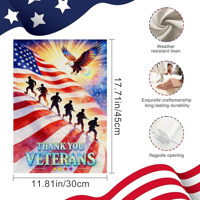 IVN Thank You Veterans Eagle American Flag Garden Flag 12x18 Burlap Thank You Veterans Soldier Silhouettes Fireworks Sunrise Rays Stars Stripes Double Sided Patriotic Outdoor Yard House Flag for Outside Home Front Door Lawn Porch Patio Memorial Day Decor
