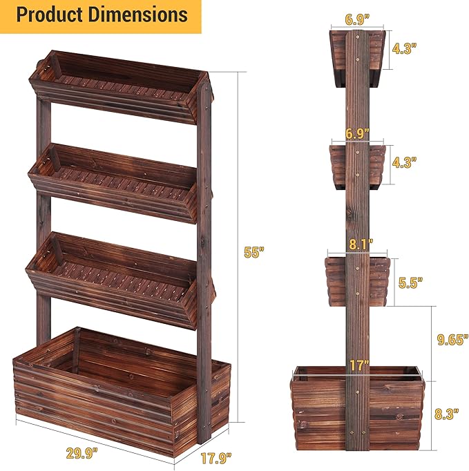 Vertical Wooden Raised Garden Bed Planters Wood Planter Kit Plant Stand Flower Rack Planter Box Gardening Plants Herbs Flowers Vegetables Outdoor Indoor Freestanding (Carbonized 4-Tier)